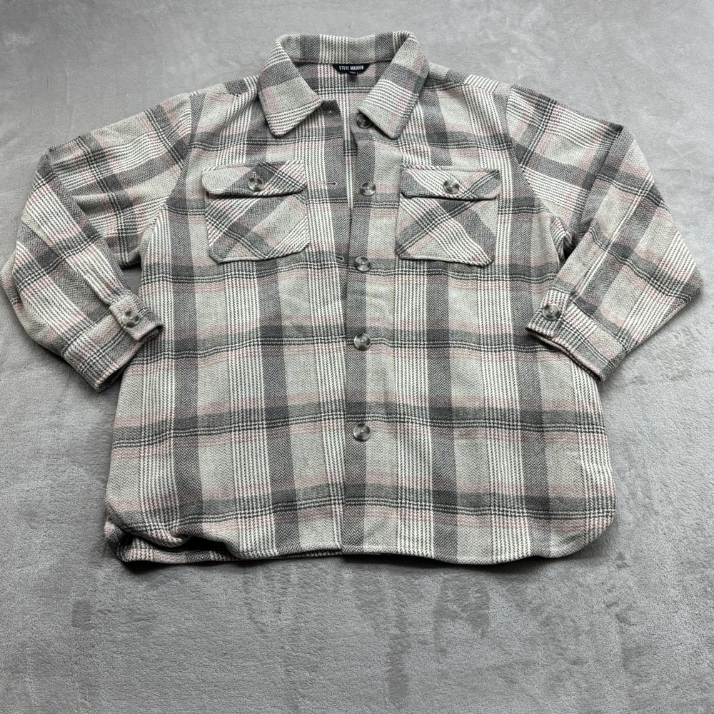 Steve Madden Shacket Women XXL Pink Gray Plaid Button Front Flap Pockets Grunge